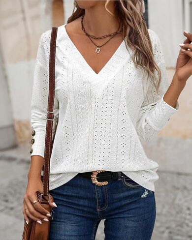 Womens Eyelet Embroidery V Neck Long Sleeve Shirt Casual Loose Fit Hollow Out Button Decor Top Basic Daily Office Street Wear in Saudi Arabia
