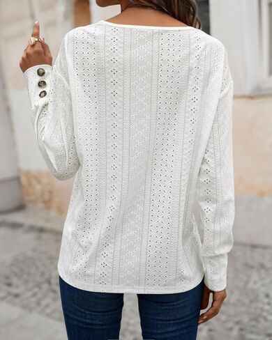 Womens Eyelet Embroidery V Neck Long Sleeve Shirt Casual Loose Fit Hollow Out Button Decor Top Basic Daily Office Street Wear in Saudi Arabia