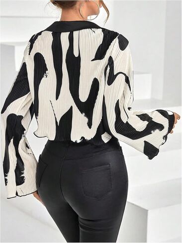 SHENHE Women's Deep V Neck Tie Front Bell Sleeve Collared Plisse Textured Sexy Crop Blouse Top in Saudi Arabia