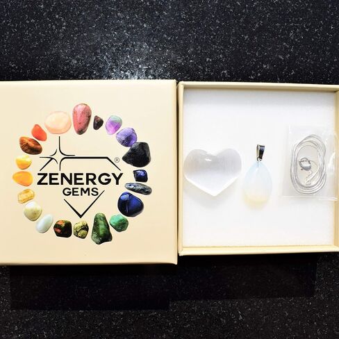 قلادة Zenergy Gems مشحونة من الأوباليت المشع + سلسلة ثعبان مطلية بالفضة مقاس 20 بوصة وكريستال سيلينيت لشحن القلب in Kuwait