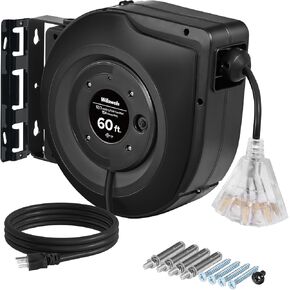 Retractable Cord Reel, 60 FT Heavy Duty Extension Cord, 12AWG/3C SJTOW, 3 Grounded Outlets Lighted Triple Tap, 15A Circuit Breaker, Wall/Ceiling Mounted, UL Listed, Blue U60CR06 in Kuwait