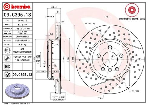 Brembo 09.C395.13 مركب مكون من قطعتين مطلي بالأشعة فوق البنفسجية ومثقوب + دوار فرامل خلفي مشقوق BMW/BMW (BRILLIANCE) OE # 34206797600 in Saudi Arabia