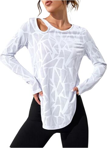 OYOANGLE Women's Geo Print Long Sleeve Workout Top Cut Out Curved Hem Athletic Tshirts Gym Yoga Tops in Saudi Arabia