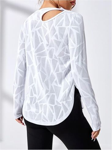 OYOANGLE Women's Geo Print Long Sleeve Workout Top Cut Out Curved Hem Athletic Tshirts Gym Yoga Tops in Saudi Arabia