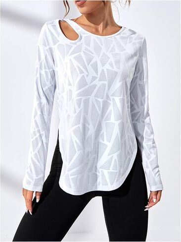 OYOANGLE Women's Geo Print Long Sleeve Workout Top Cut Out Curved Hem Athletic Tshirts Gym Yoga Tops in Saudi Arabia