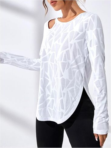 OYOANGLE Women's Geo Print Long Sleeve Workout Top Cut Out Curved Hem Athletic Tshirts Gym Yoga Tops in Saudi Arabia