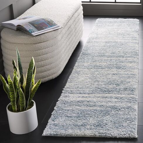 SAFAVIEH Tahoe Shag Collection Runner Rug - 2' x 9', Blue & Ivory, Modern Design, Plush 1.2-inch Thick, Ideal for High Traffic Areas in Living Room, Bedroom, Dining (THO653M-29) in Saudi Arabia