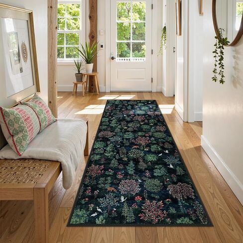 Beeiva Botanical Green 2x6 Runner Rug for Hallway, Washable Runner Rug Non Slip with Forest Print, Ultra Thin Woodland Carpet for Entryway Bedroom Laundry Room Kitchen Home Décor(Dark Green,2x6) in Kuwait
