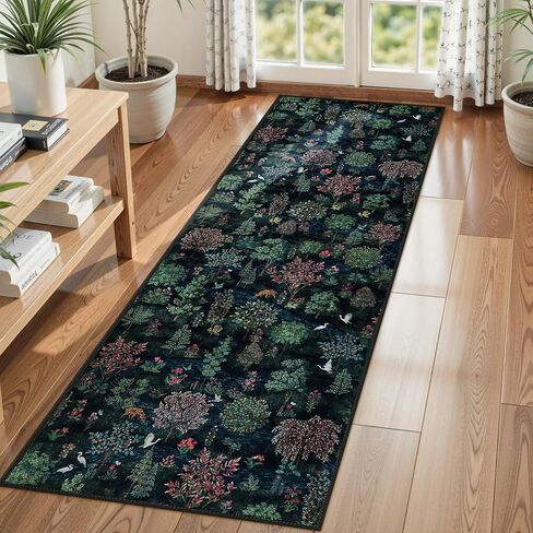 Beeiva Botanical Green 2x6 Runner Rug for Hallway, Washable Runner Rug Non Slip with Forest Print, Ultra Thin Woodland Carpet for Entryway Bedroom Laundry Room Kitchen Home Décor(Dark Green,2x6) in Kuwait