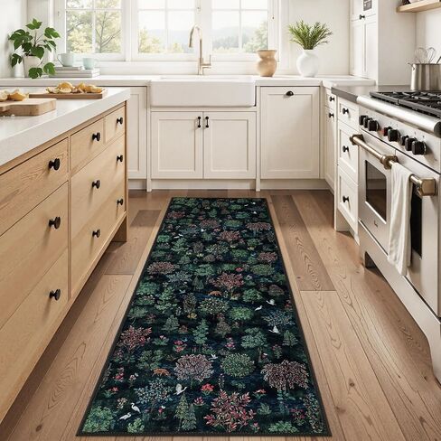Beeiva Botanical Green 2x6 Runner Rug for Hallway, Washable Runner Rug Non Slip with Forest Print, Ultra Thin Woodland Carpet for Entryway Bedroom Laundry Room Kitchen Home Décor(Dark Green,2x6) in Kuwait