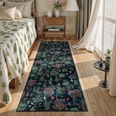 Beeiva Botanical Green 2x6 Runner Rug for Hallway, Washable Runner Rug Non Slip with Forest Print, Ultra Thin Woodland Carpet for Entryway Bedroom Laundry Room Kitchen Home Décor(Dark Green,2x6) in Kuwait