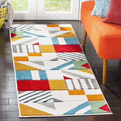 سجادة SAFAVIEH Hollywood Collection Runner - 2'3" x 10'، باللونين العاجي والطاووس الأزرق، تصميم حديث لمنتصف القرن، لا يتساقط ويسهل العناية به، مثالي للمناطق ذات حركة المرور العالية في غرفة المعيشة وغرفة النوم (HLW709B) in Saudi Arabia