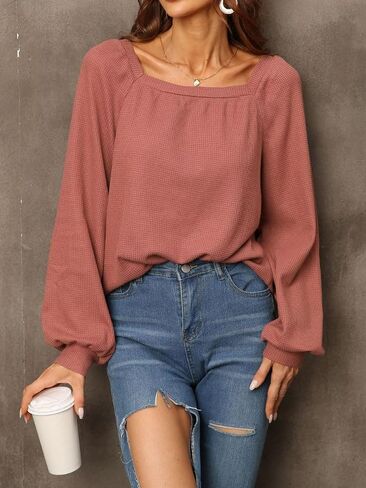 Womens Tops Waffle Knit Square Neck Long Sleeve Blouses Dressy Casual Shirts in Saudi Arabia