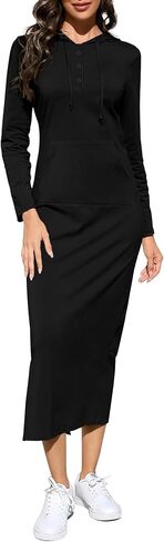 BeautyNee Women's Casual Long Sleeve Slim Pullover Maxi Hoodie Dress Button Sweatshirt Long Dresses with Pockets in Kuwait