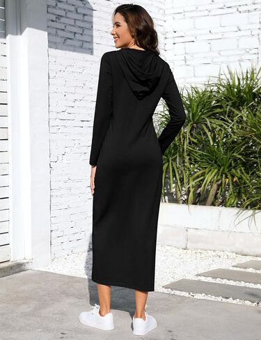 BeautyNee Women's Casual Long Sleeve Slim Pullover Maxi Hoodie Dress Button Sweatshirt Long Dresses with Pockets in Kuwait