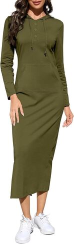 BeautyNee Women's Casual Long Sleeve Slim Pullover Maxi Hoodie Dress Button Sweatshirt Long Dresses with Pockets in Kuwait