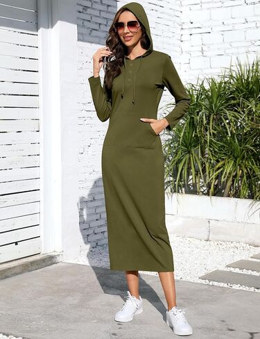 BeautyNee Women's Casual Long Sleeve Slim Pullover Maxi Hoodie Dress Button Sweatshirt Long Dresses with Pockets in Kuwait