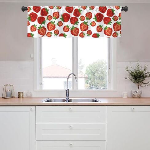 Yongqian Strawberry Window Treatment Valance Summer Fruit Strawberry Window Valance with Rod Pocket for Kitchen Dining Room Window Decoration (Pink) in Kuwait