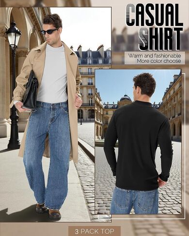 مجموعة من 3 تيشيرتات رجالية بأكمام طويلة، سترات صوفية حرارية، قمصان ذات ياقة مدورة وهمية، قمصان داخلية صلبة أساسية in Kuwait