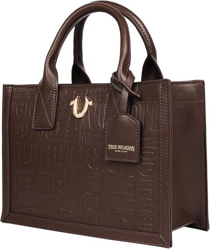 حقيبة يد عصرية تحمل شعار True Religion Mega، حقيبة كتف يومية منظمة، حزام كروس قابل للتعديل، تصميم داخلي واسع، لون الشوكولاتة in Kuwait