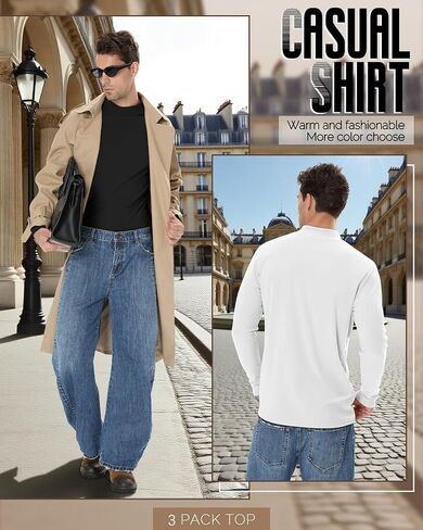 3 Pack Men's Long Sleeve Tees, Thermal Pullover Sweaters Mock Turtleneck Tops Basic Solid Undershirts in Saudi Arabia