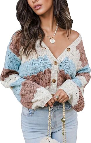 Mingzhu Women's Cardigan Sweaters Button Down Chunky Knit V Neck Striped Color Block Long Sleeve Cropped Coats in Saudi Arabia
