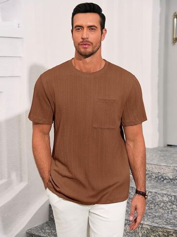Runcati Mens Short Sleeve T-Shirts Casual Knit Texture Crewneck Pocket Tee Tops Loose Fit Summer Shirt in Kuwait