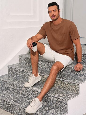 Runcati Mens Short Sleeve T-Shirts Casual Knit Texture Crewneck Pocket Tee Tops Loose Fit Summer Shirt in Kuwait