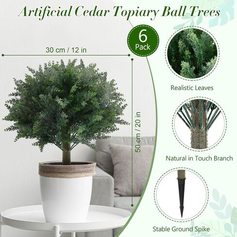 Yunlly 6 Pcs 20" Artificial Topiary Cedar Ball Tree with Ground Spike, Snow Frosted Fake Pine Tree Plants Bush UV Resistance Faux Shrubs for Indoor Outdoor Garden Yard Porch Patio Decor (Green) in Saudi Arabia