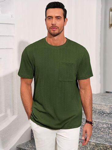 Runcati Mens Short Sleeve T-Shirts Casual Knit Texture Crewneck Pocket Tee Tops Loose Fit Summer Shirt in Kuwait