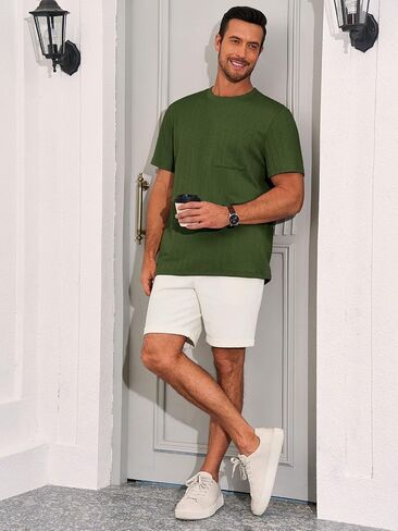 Runcati Mens Short Sleeve T-Shirts Casual Knit Texture Crewneck Pocket Tee Tops Loose Fit Summer Shirt in Kuwait
