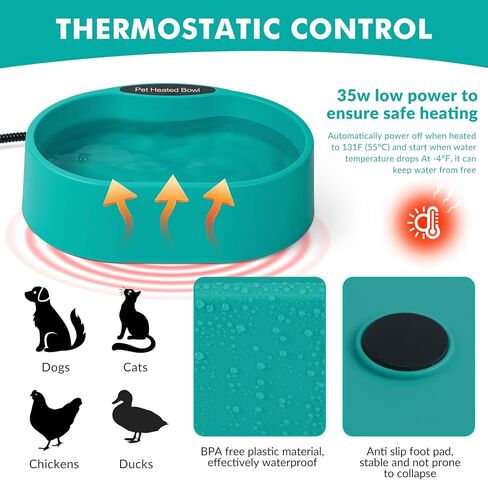 وعاء ماء ساخن للكلاب والقطط، وعاء للحيوانات الأليفة مُدفأ في الهواء الطلق مع سلك مقاوم للمضغ، طبق حراري ذكي في الشتاء للكلاب والقطط والدجاج والبط والأرانب، 108 أونصة 30 واط in Kuwait