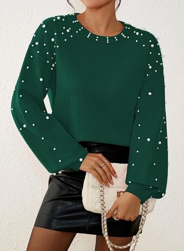 Pink Queen Pearl Sweater for Women 2025 Fashion Fall Winter Chunky Crewneck Lantern Sleeve Loose Knit Pullover Sweaters Top in Saudi Arabia