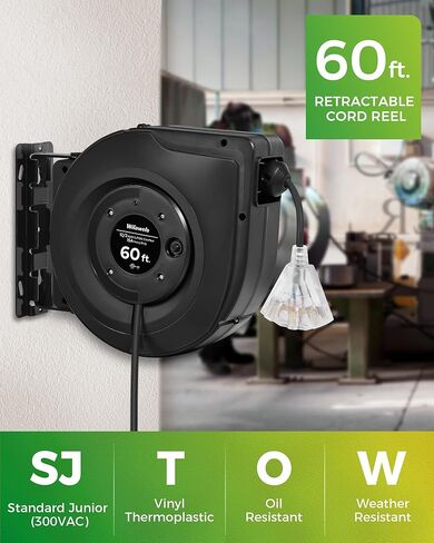 Retractable Cord Reel, 60 FT Heavy Duty Extension Cord, 12AWG/3C SJTOW, 3 Grounded Outlets Lighted Triple Tap, 15A Circuit Breaker, Wall/Ceiling Mounted, UL Listed, Blue U60CR06 in Kuwait