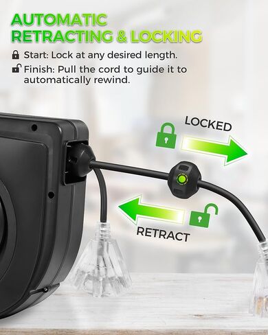 Retractable Cord Reel, 60 FT Heavy Duty Extension Cord, 12AWG/3C SJTOW, 3 Grounded Outlets Lighted Triple Tap, 15A Circuit Breaker, Wall/Ceiling Mounted, UL Listed, Blue U60CR06 in Kuwait