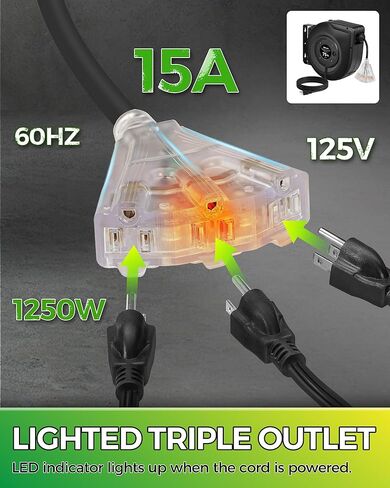 Retractable Cord Reel, 60 FT Heavy Duty Extension Cord, 12AWG/3C SJTOW, 3 Grounded Outlets Lighted Triple Tap, 15A Circuit Breaker, Wall/Ceiling Mounted, UL Listed, Blue U60CR06 in Kuwait