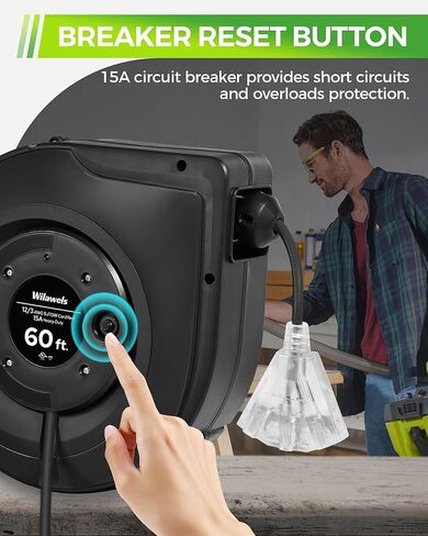 Retractable Cord Reel, 60 FT Heavy Duty Extension Cord, 12AWG/3C SJTOW, 3 Grounded Outlets Lighted Triple Tap, 15A Circuit Breaker, Wall/Ceiling Mounted, UL Listed, Blue U60CR06 in Kuwait