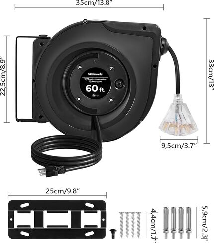 Retractable Cord Reel, 60 FT Heavy Duty Extension Cord, 12AWG/3C SJTOW, 3 Grounded Outlets Lighted Triple Tap, 15A Circuit Breaker, Wall/Ceiling Mounted, UL Listed, Blue U60CR06 in Kuwait