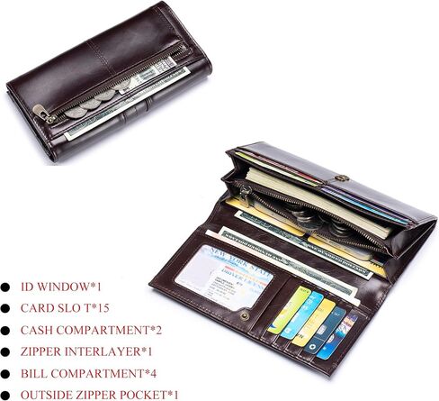 محافظ LUKZIJAES للنساء، محفظة طويلة نحيفة RFID للسيدات من الجلد الطبيعي ثنائية الطي مع جيب للعملات المعدنية بنافذة الهوية (#1-قهوة) in Kuwait