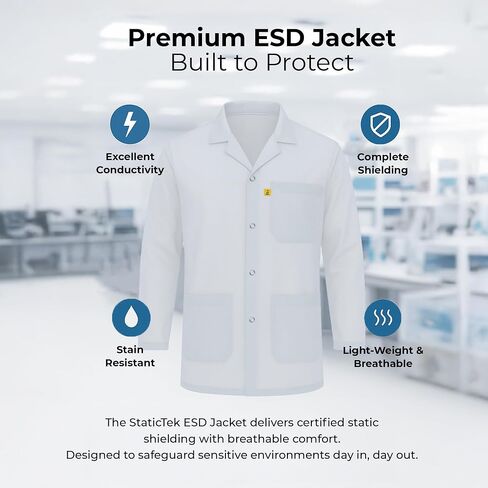ESD Jacket with Snap Cuff - Level 3 Certified Anti-Static Smock - Lightweight Protective Workwear for Electronics & Labs in Kuwait