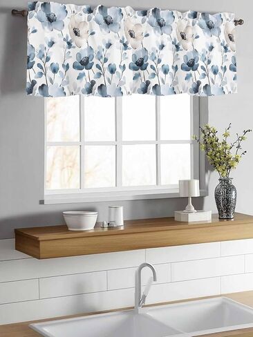 Window Treatment Valance Curtain, Ink Blue Flower Shade Short Curtain for Kitchen Bathroom Living Room Bedroom Privacy Rod Pocket Drapes 54" W x 18" L 1 Panel in Saudi Arabia
