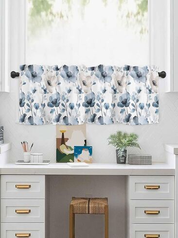 Window Treatment Valance Curtain, Ink Blue Flower Shade Short Curtain for Kitchen Bathroom Living Room Bedroom Privacy Rod Pocket Drapes 54" W x 18" L 1 Panel in Saudi Arabia