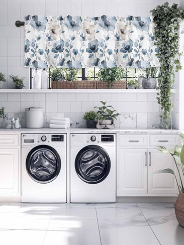 Window Treatment Valance Curtain, Ink Blue Flower Shade Short Curtain for Kitchen Bathroom Living Room Bedroom Privacy Rod Pocket Drapes 54" W x 18" L 1 Panel in Saudi Arabia