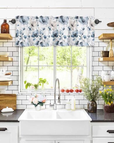Window Treatment Valance Curtain, Ink Blue Flower Shade Short Curtain for Kitchen Bathroom Living Room Bedroom Privacy Rod Pocket Drapes 54" W x 18" L 1 Panel in Saudi Arabia