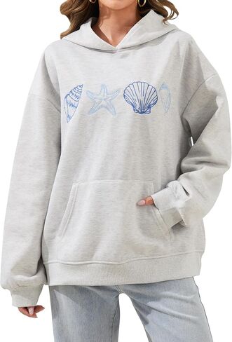 سترات نسائية بغطاء للرأس مطرزة بشكل لطيف على شكل زهرة المحيط وغطاء للرأس وأكمام طويلة كبيرة الحجم للفتيات المراهقات بجيب Y2k in Kuwait