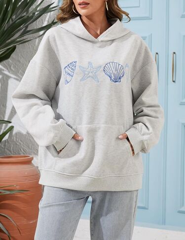 سترات نسائية بغطاء للرأس مطرزة بشكل لطيف على شكل زهرة المحيط وغطاء للرأس وأكمام طويلة كبيرة الحجم للفتيات المراهقات بجيب Y2k in Kuwait