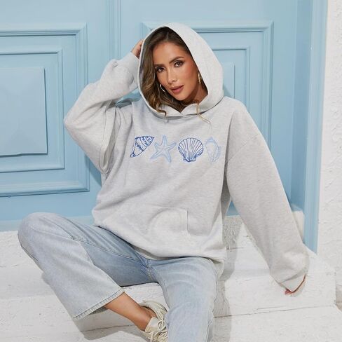 سترات نسائية بغطاء للرأس مطرزة بشكل لطيف على شكل زهرة المحيط وغطاء للرأس وأكمام طويلة كبيرة الحجم للفتيات المراهقات بجيب Y2k in Kuwait