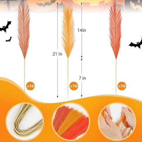 30pcs Pampas Grass Decor,21" Artificial Pompous Grass Bulk,Small Vase Filler Pompas Grass for Home Wedding Living Room Wall Party Decoration Halloween (Golden,Orange-Red,Orange) in Kuwait