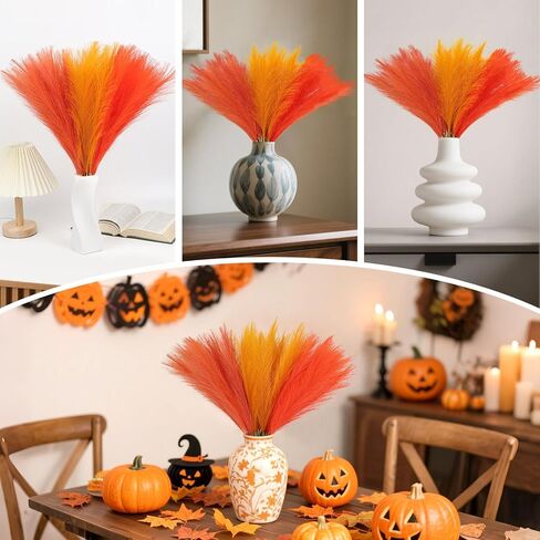 30pcs Pampas Grass Decor,21" Artificial Pompous Grass Bulk,Small Vase Filler Pompas Grass for Home Wedding Living Room Wall Party Decoration Halloween (Golden,Orange-Red,Orange) in Kuwait
