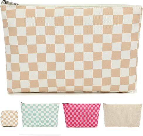 Checkered Makeup Bag, Travel Cosmetic Bag Organizer Toiletry Bag Make Up Bags with Zipper & Compartments for Women Girls in Kuwait